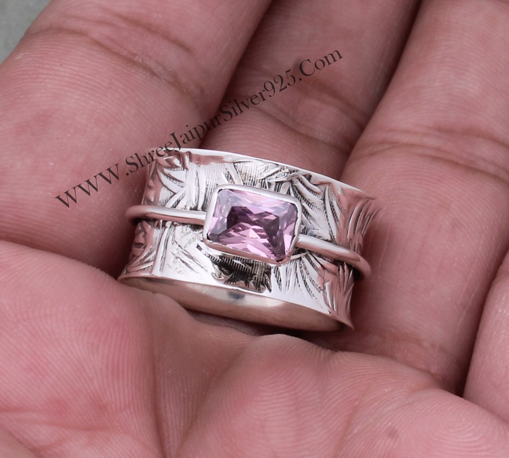 Pink Zircon Spinner Ring - 925 Sterling Solid Silver Spinner Ring-Silver Jewelry