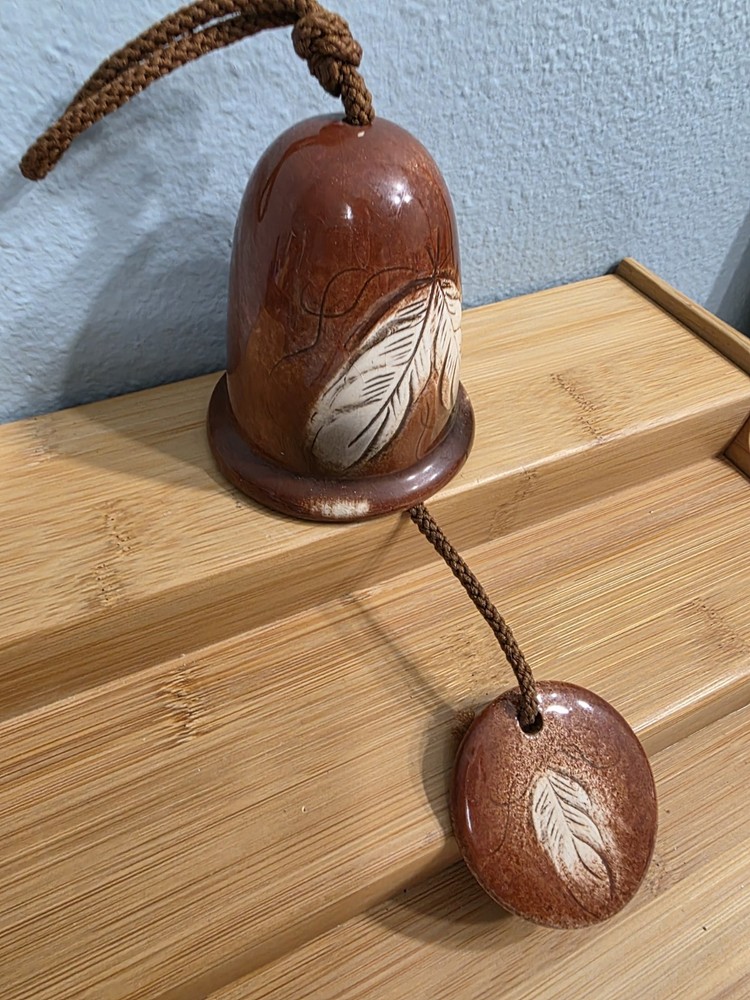 Handmade Ceramic Bell Wind Chime Feather Design Brown Pottery Art Boho Garden