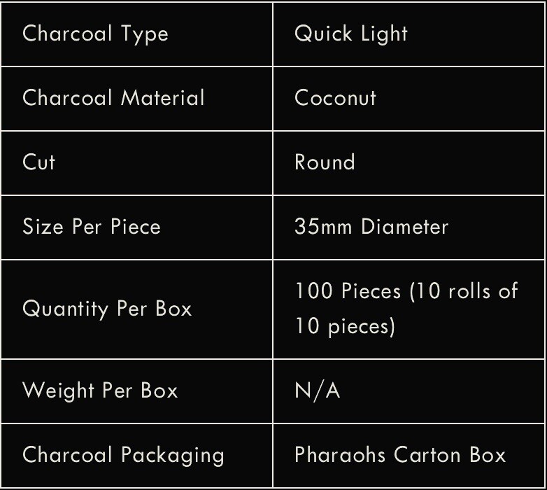 Pharaoh’s COCONUT QUICK LIGHT CHARCOAL - 35MM 100pcs