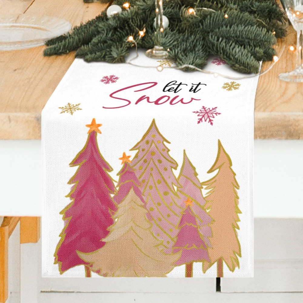 FJPT Christmas Let It Snow Snowflake Table Runner Pink Christmas Tree Table Runn