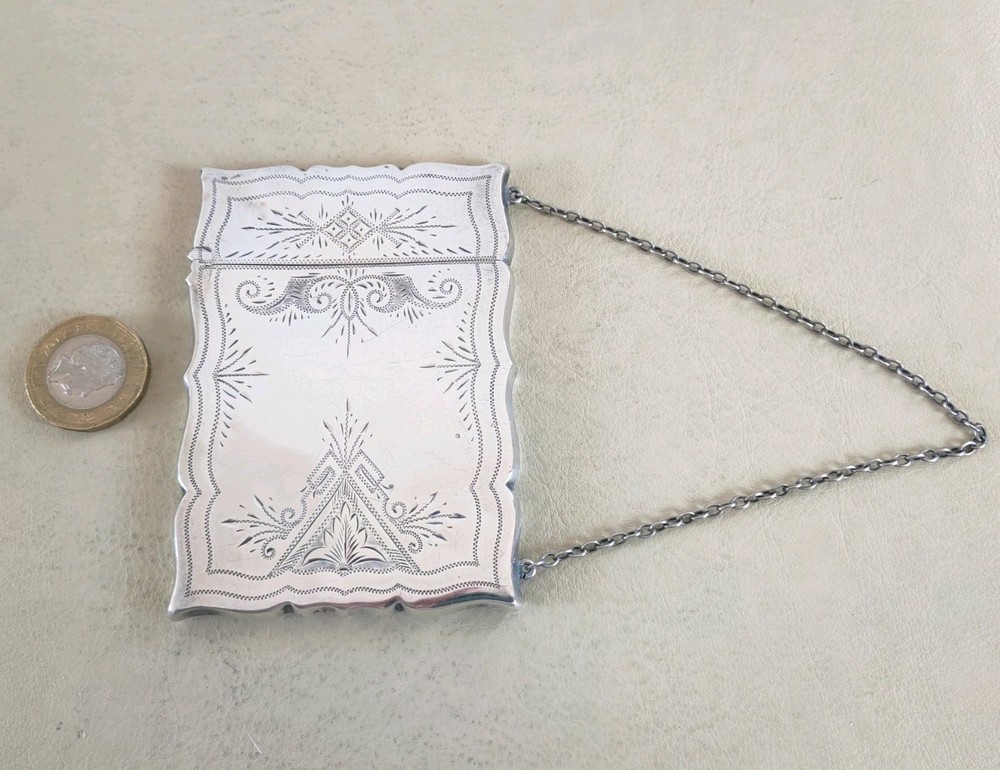 Antique Sterling Silver Calling Card Case With Chatelaine Chain