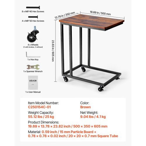 C Table, C Shaped Sofa Side Table with Metal Frame Rolling Casters, Portable C