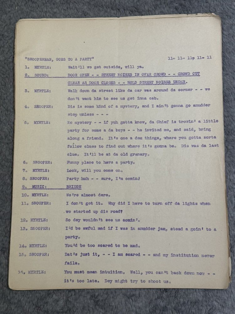 "SNOOPERMAN" by ED BRADY & HARVEY STEVENS Comedy/Mystery Script Radio Inscribed