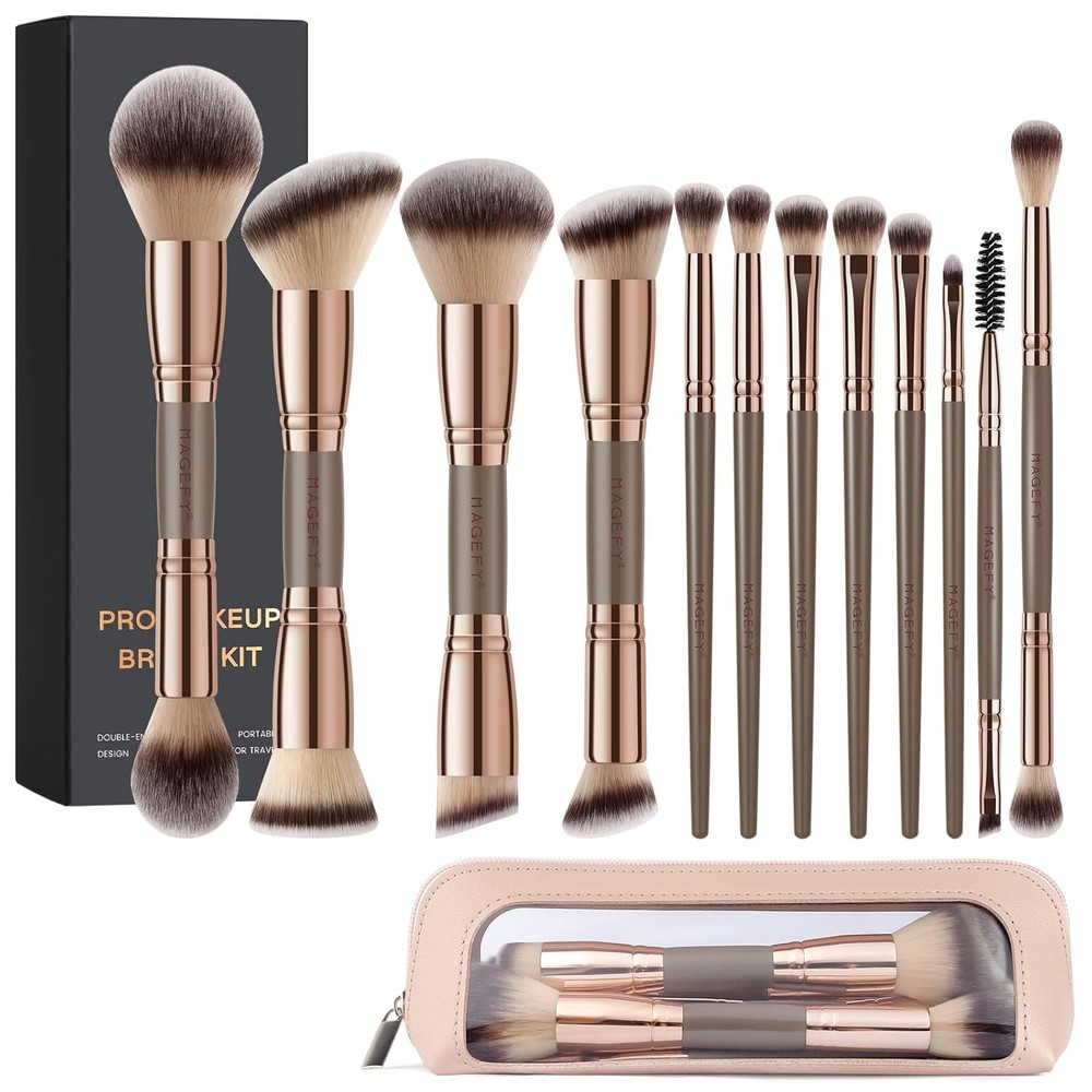 Makeup Brushes 12Pcs with Bag,Double-End Multi-functional for Foundation Powder