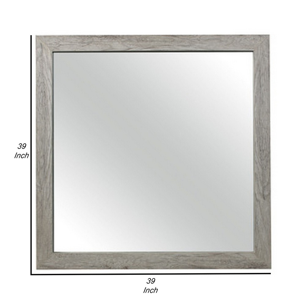 39 Inch Transitional Mirror, Square Wood Frame, Weathered Gray Veneer