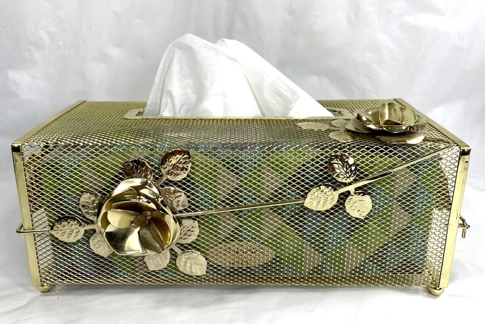 Charming Footed Metal Gold Color Flowered Footed Tissue Box Holder