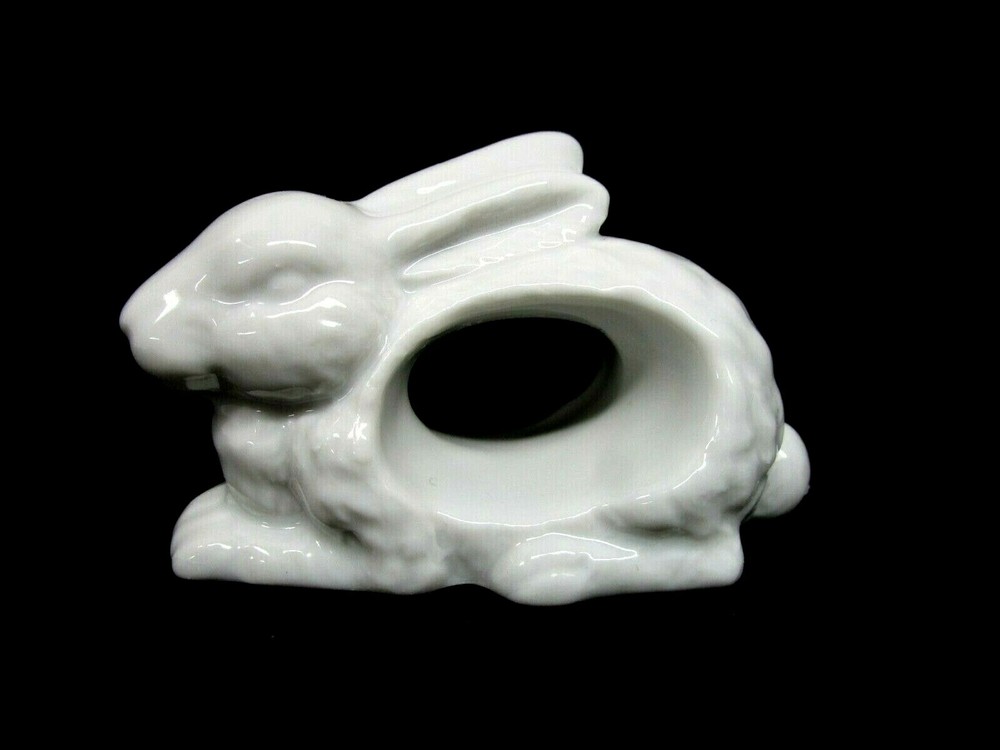 Set of 4 Daytons Ceramic White Bunny Rabbits Napkin Ring Holders Easter Spring C