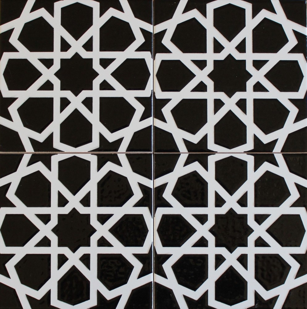 Turkish Iznik Raised Black & White Geometric Pattern 8"x8" Ceramic Tile
