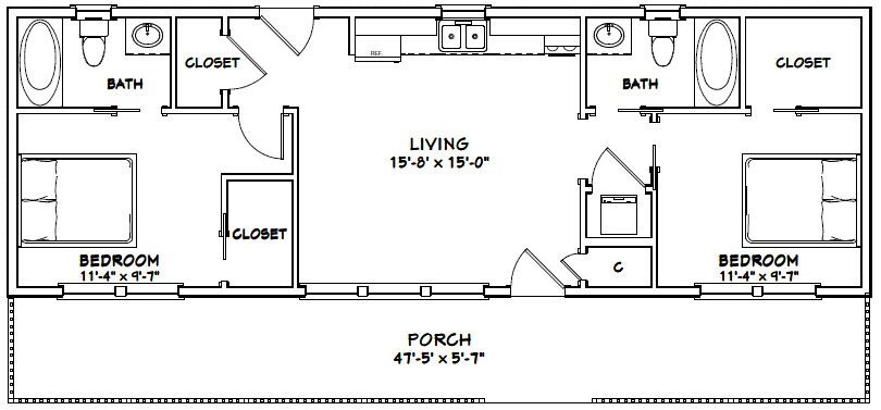 48x16 House - 2 Bedroom 2 Bath - 768 sqft - PDF Floor Plan - Model 1B