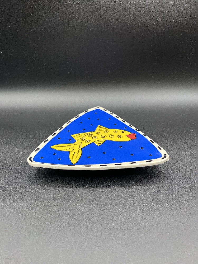 Hand Thrown Ceramic Raised Dish by DMF, Fish, Triangular Shape