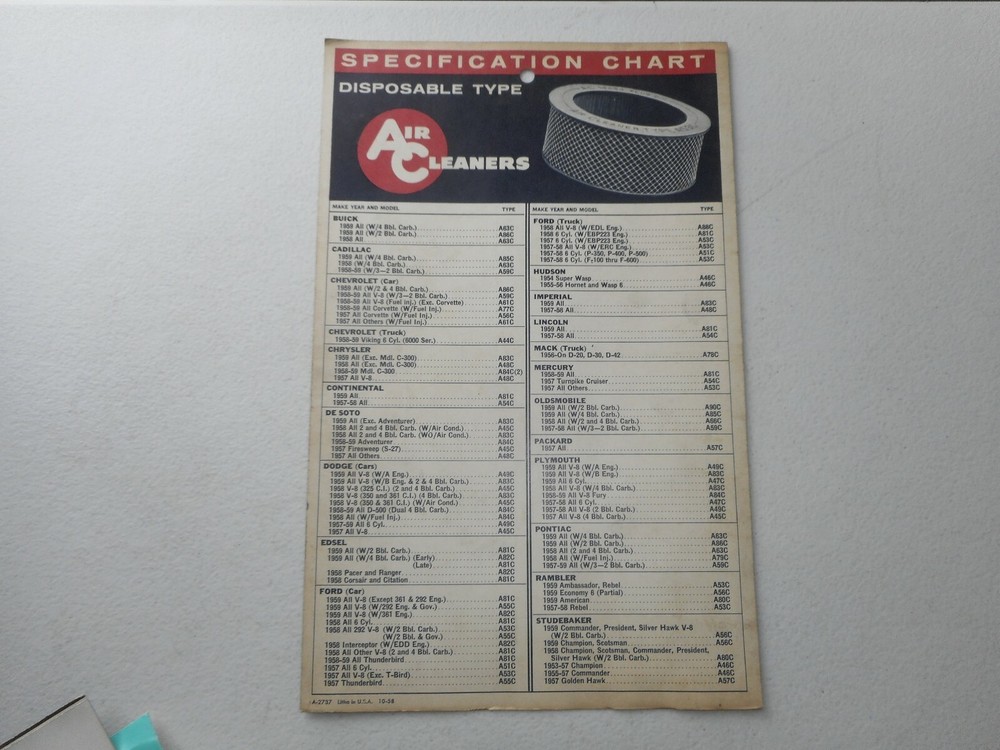 Vintage AC Air Cleaner Specification Chart 7" x 11"