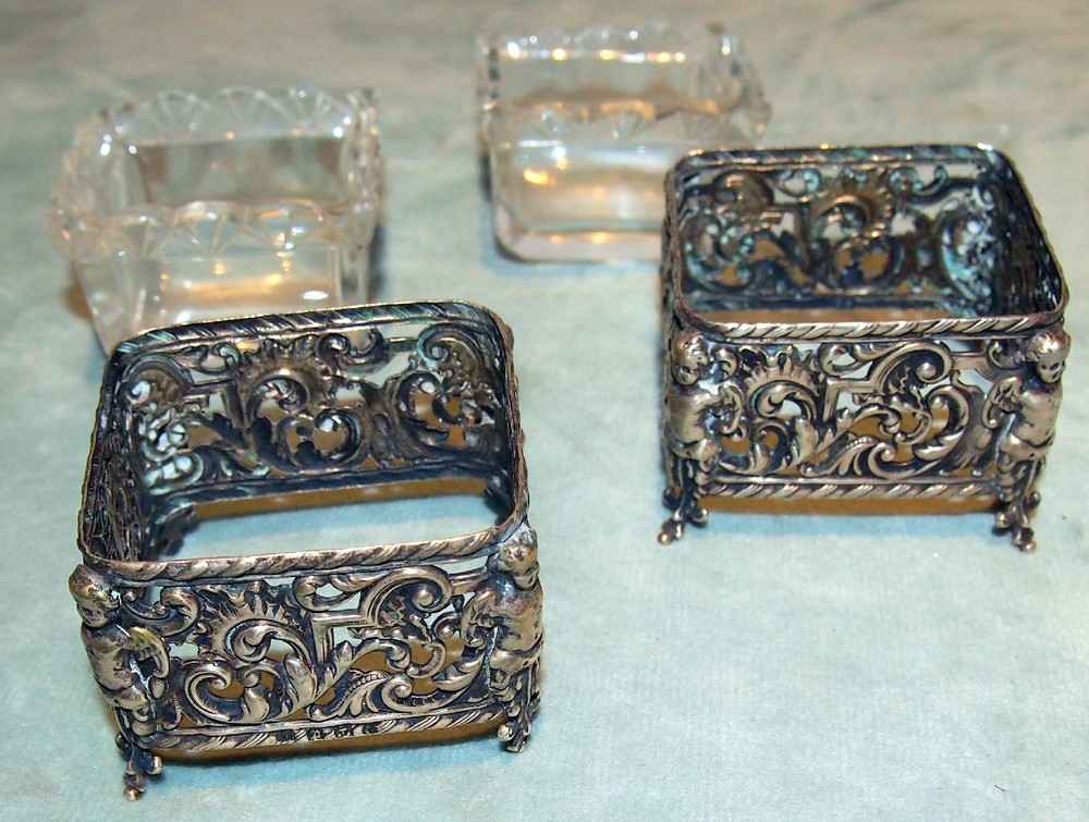 PAIR SILVER 800 SALT CUPIDS WITH CRYSTAL INSERTS ENGLISH BIRMINGHAM C 1914