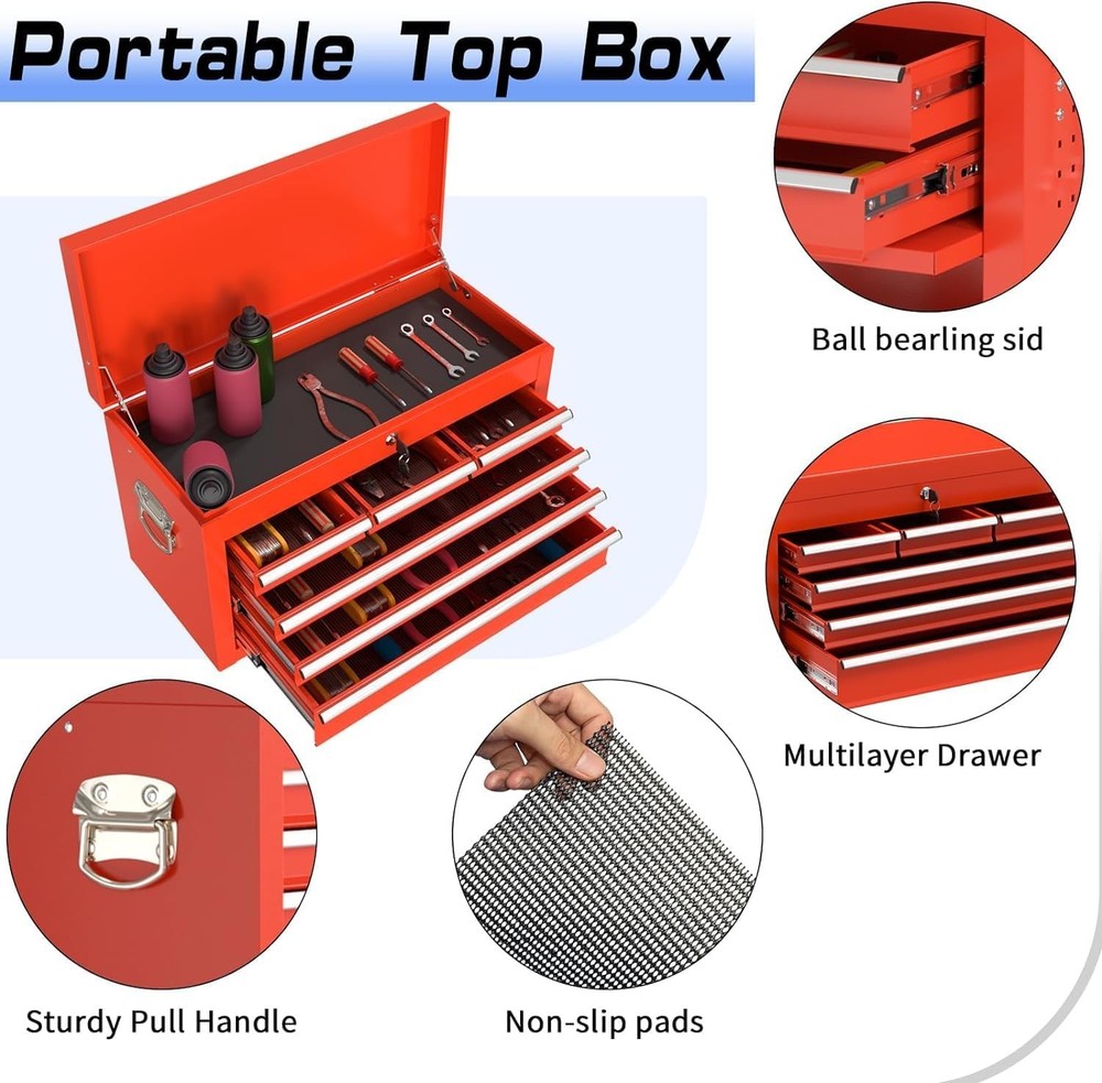 8 Drawer Rolling Tool Chest, High Capacity Tool Box w/ Lockable Wheels and Drawe
