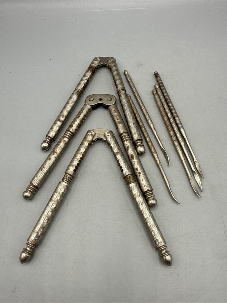Vintage Nut Cracker Tools Set Three Crackers Five Picks Mid Century Silver Color