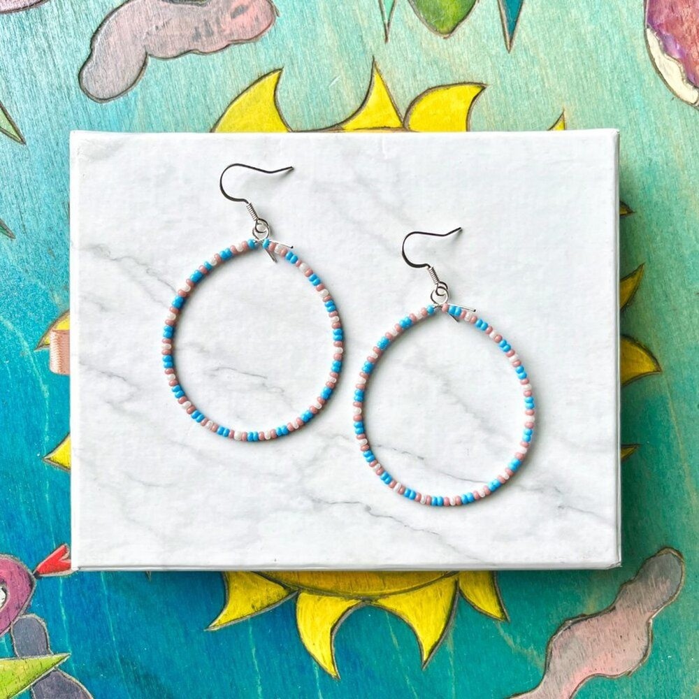 Trans Flag Hand Beaded Tear Drop Earrings