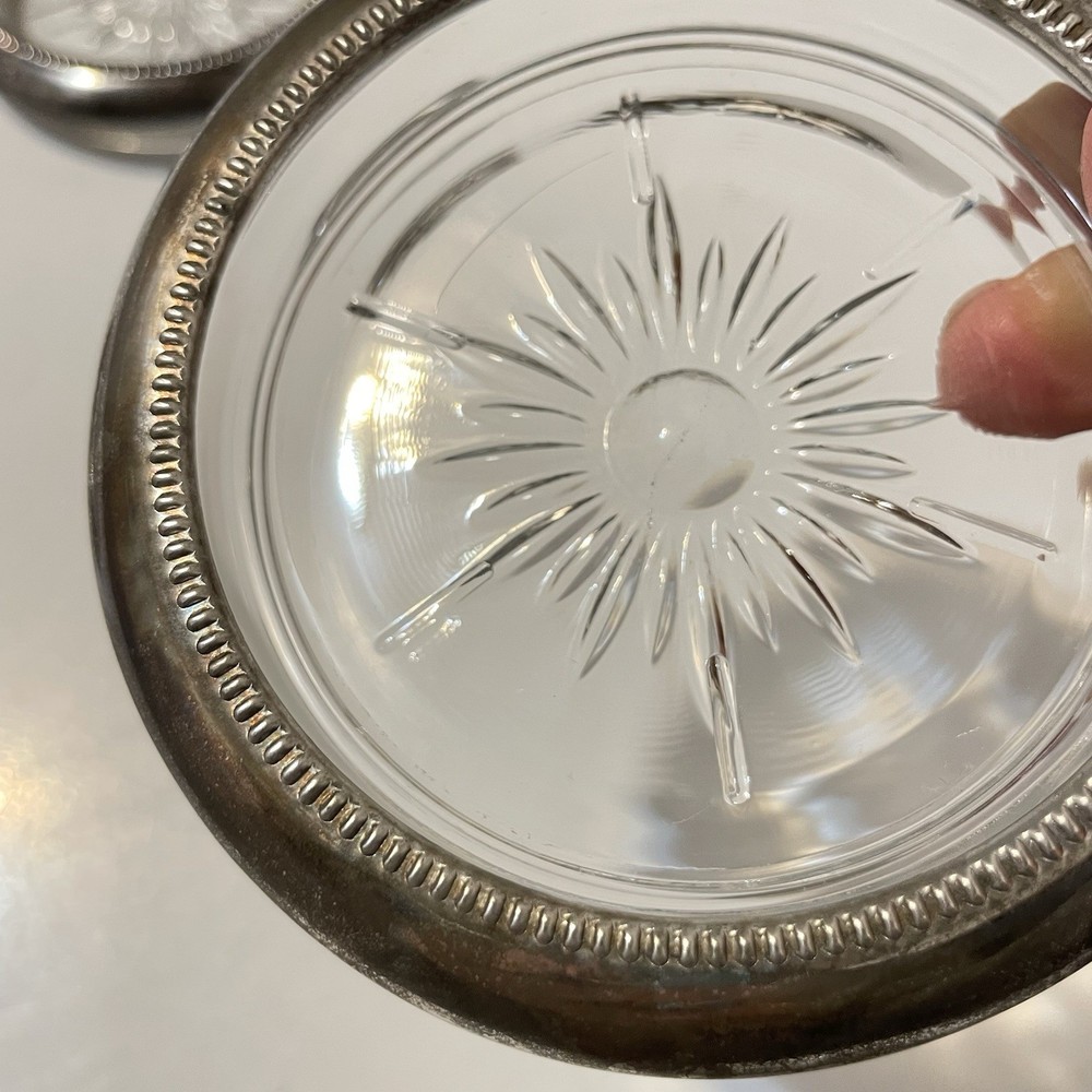 VTG Leonard Glass Coasters 3 Ea Silverplated Rim Signed Flower Pattern