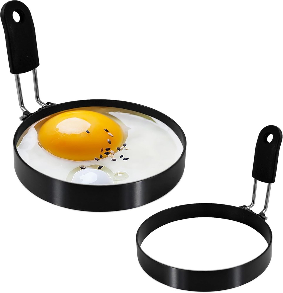 2-Pack 3.5'' Egg Rings Set with Silicone Handle, Stainless Steel Black
