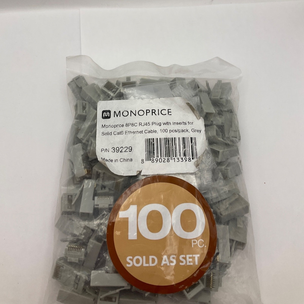 Monoprice 8P8C RJ45 Plug with Inserts for Solid Cat6 Ethernet Cable - Gray (100