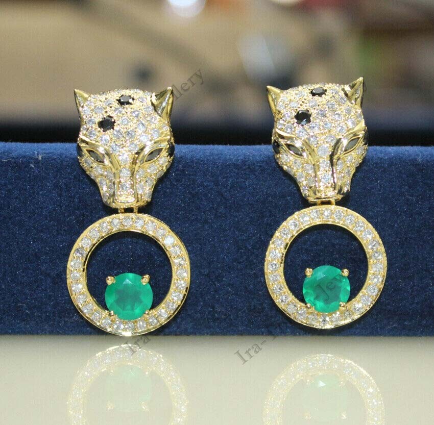 3ct Green Emerald Lab Created 14k Solid Gold Plated Panther Dangle Earrings