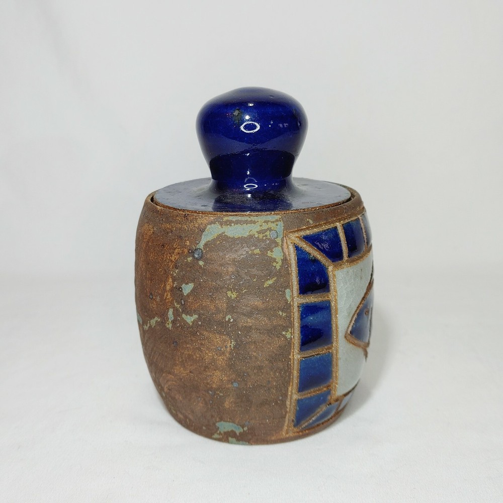 Art Pottery Lidded Jar Decor Piece Partially Glazed Fish Signed
