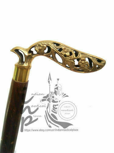 Vintage Solid Brass Leaf Head Handle Victorian Walking Wooden Cane Stick Gift