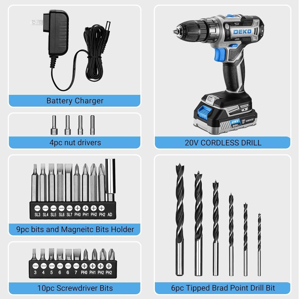 DEKO PRO 20V Cordless Electric Drill Set: Lightweight, Multi-Purpose Kit in Blue