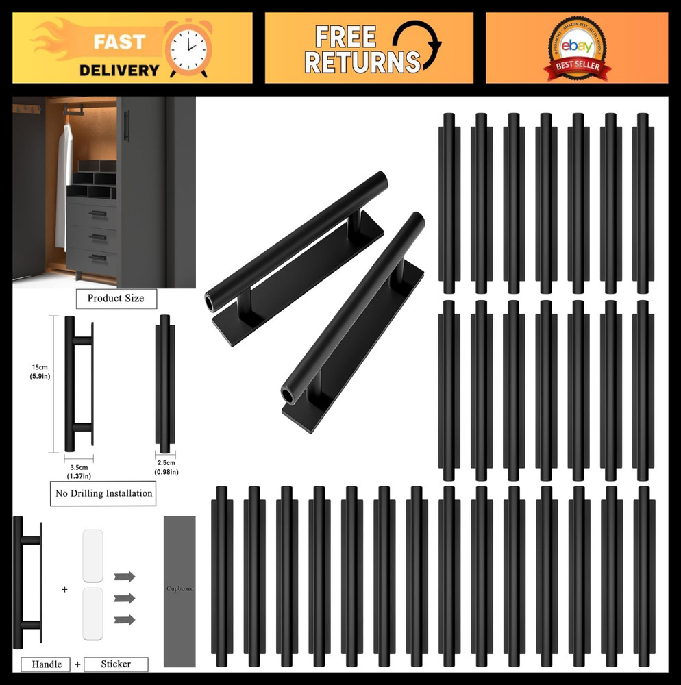 Self-Stick Push Pull Cabinet Handles - Black ABS Plastic Drawer & Door Pulls (30