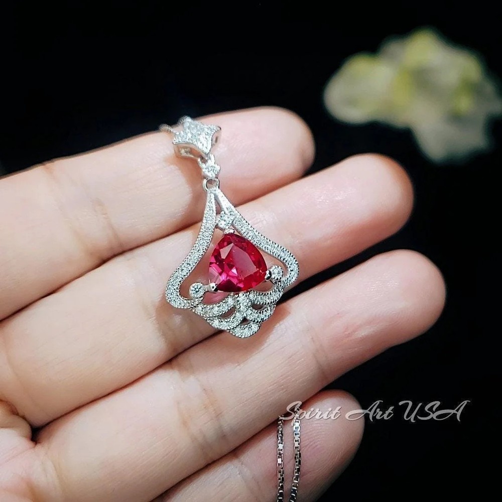 Mandolin flower Red Ruby Necklace - 1.2 ct Trillion Cut Red Ruby Pendant -