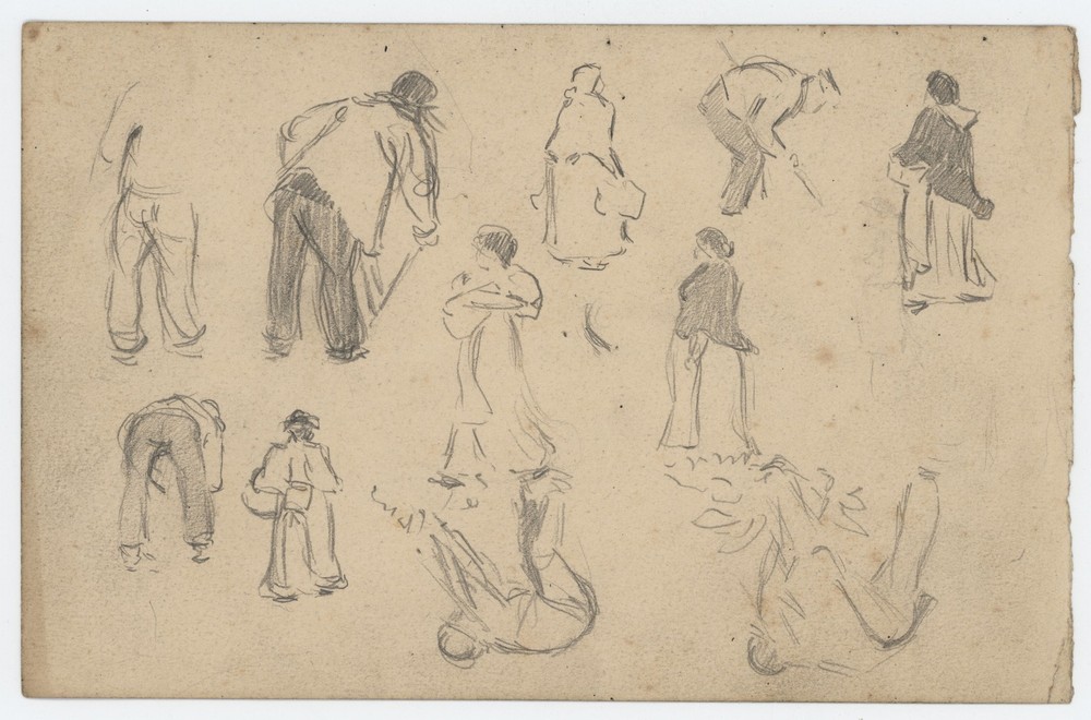 Study Pencil Drawing Passersby Craftsmen Work Professions 1898 Dated