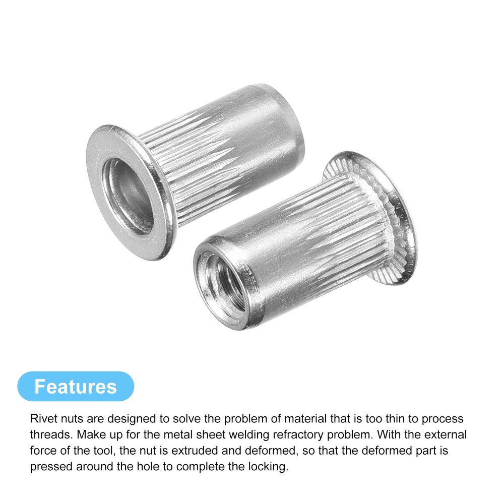 #8-32 Rivet Nuts, 50pcs 304 Stainless Steel Flat Head Threaded Insert Nuts