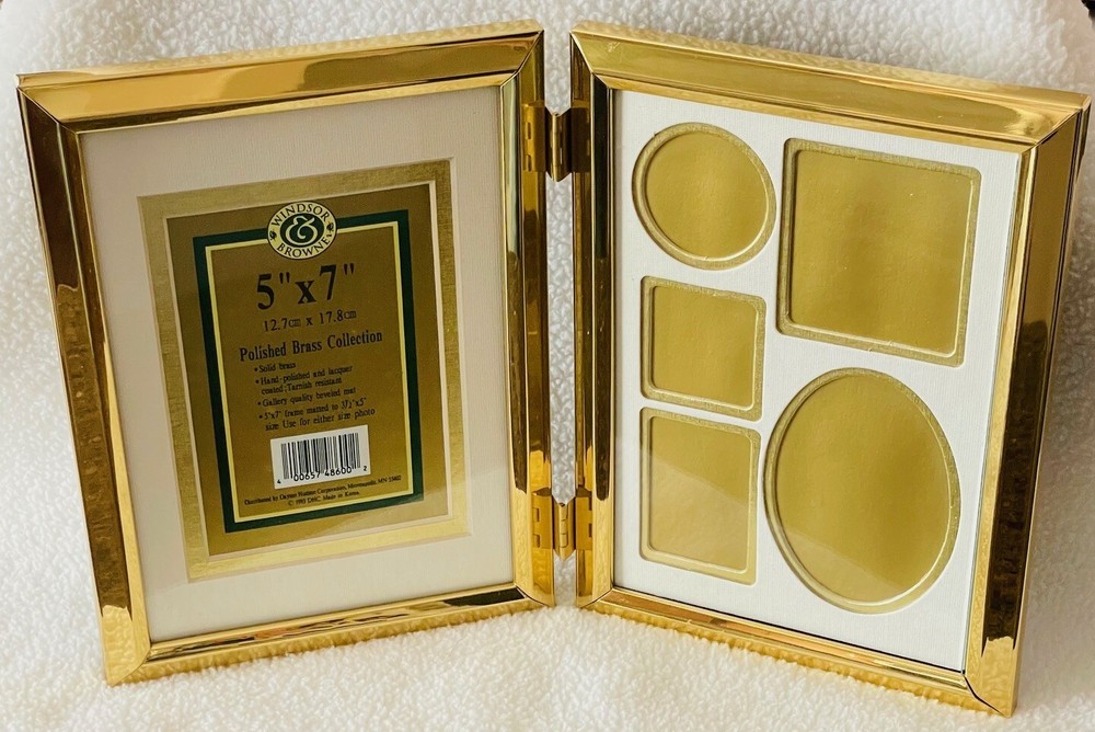 Vtg Windsor Browne Solid Brass Bi-Fold Frame, 1 side 5"x7", 1 side 5 small pics