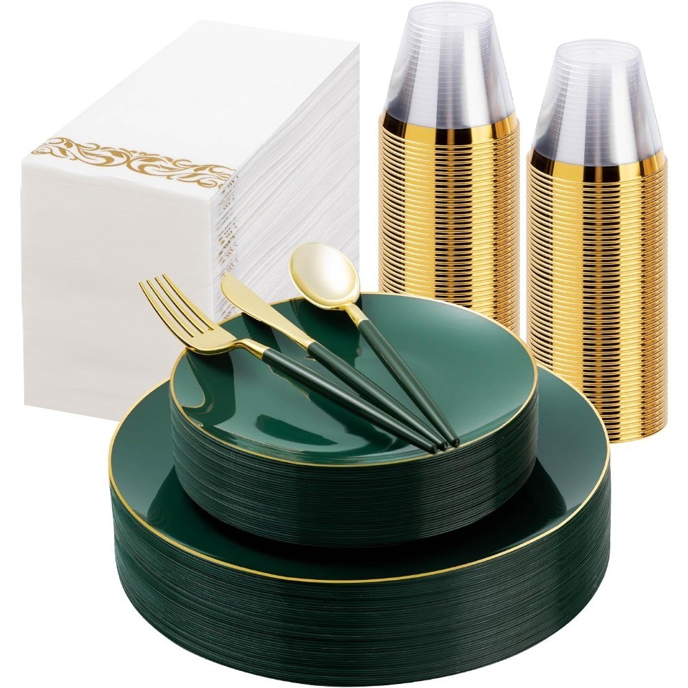 Green Gold Plastic Dinnerware Set for Party, 50 Green Plates, 75 Plastic