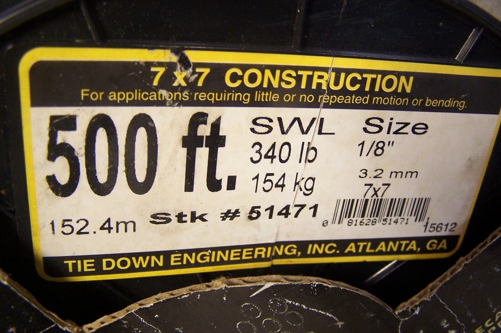 TIE DOWN ENGINEERING 500' GALVANIZED STEEL CABLE 1/8" 340 LB LOAD 500FT