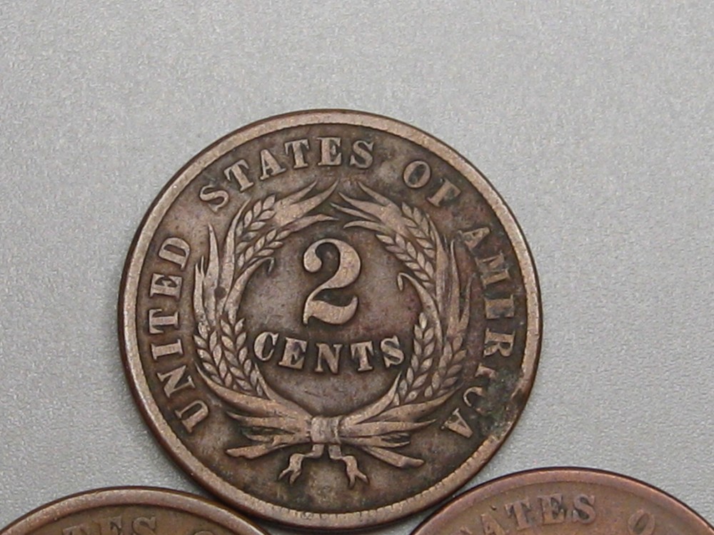 3-US 2¢ Two Cent Piece 1864, 1865, 1867.