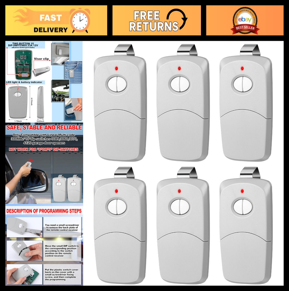 6 Pcs Two Button Garage Door Remote Control, Compatible with Linear Multicode 10
