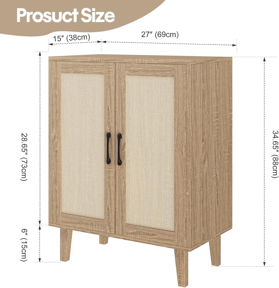 Buffet Cabinet Sideboard W/ Rattan Decorated Doors Kitchen Storage Cupboard