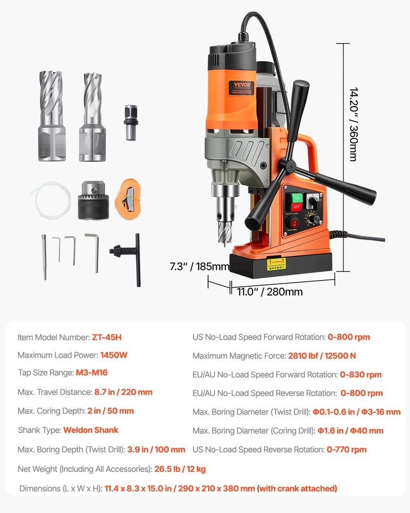 Magnetic Drill 1450W Motor Boring Diameter 2810lbf Press Variable Speed Machine