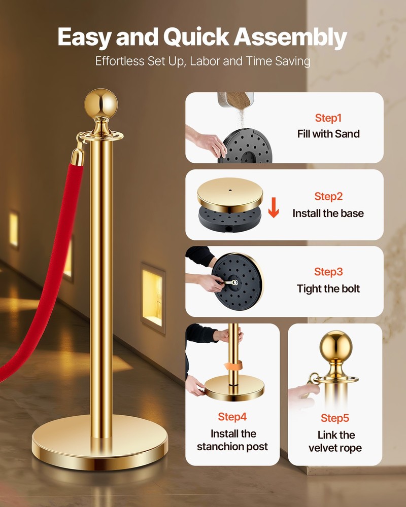 VEVOR 4Pcs Gold Stanchion Post Crowd Control Queue Barrier Sand Injection Base