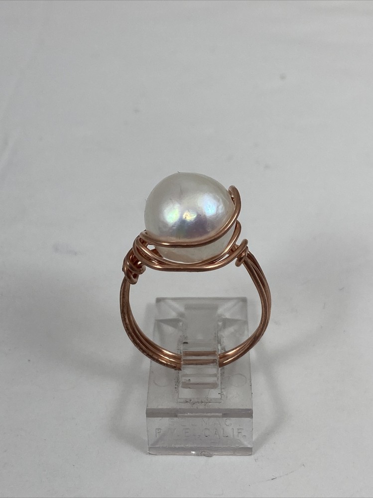 Handmade ~ Copper Wire Wrap ~ White Pearl Ring ~ Size 7   #171