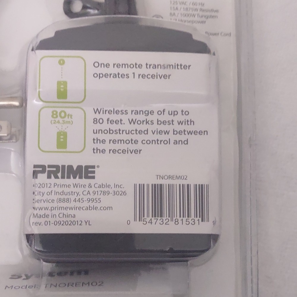 Prime Remote Control Power System TNOREM02, Black, 80ft Range, 125V