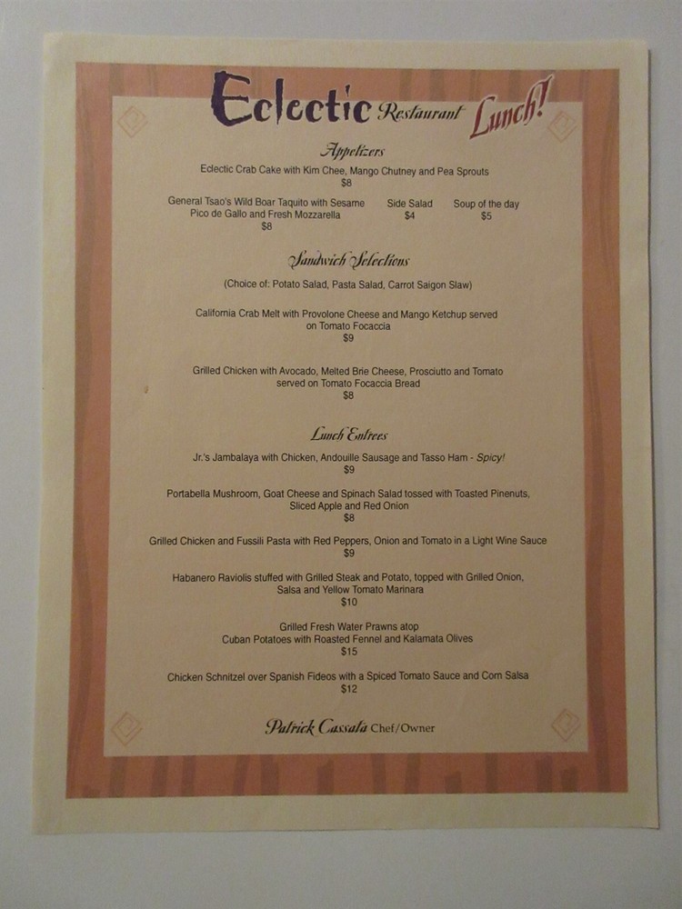 ECLECTRIC Restaurant vintage Menu Barrington, IL Chef Patrick Cassata