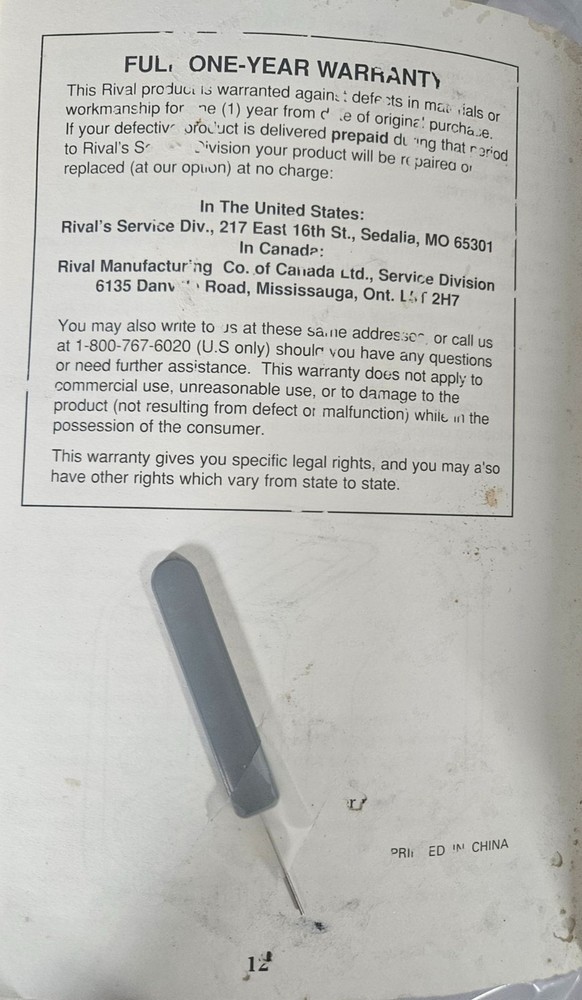 Rival Pasta Chef Pasta Maker PM1000 WORKS Incomplete Missing Shaft