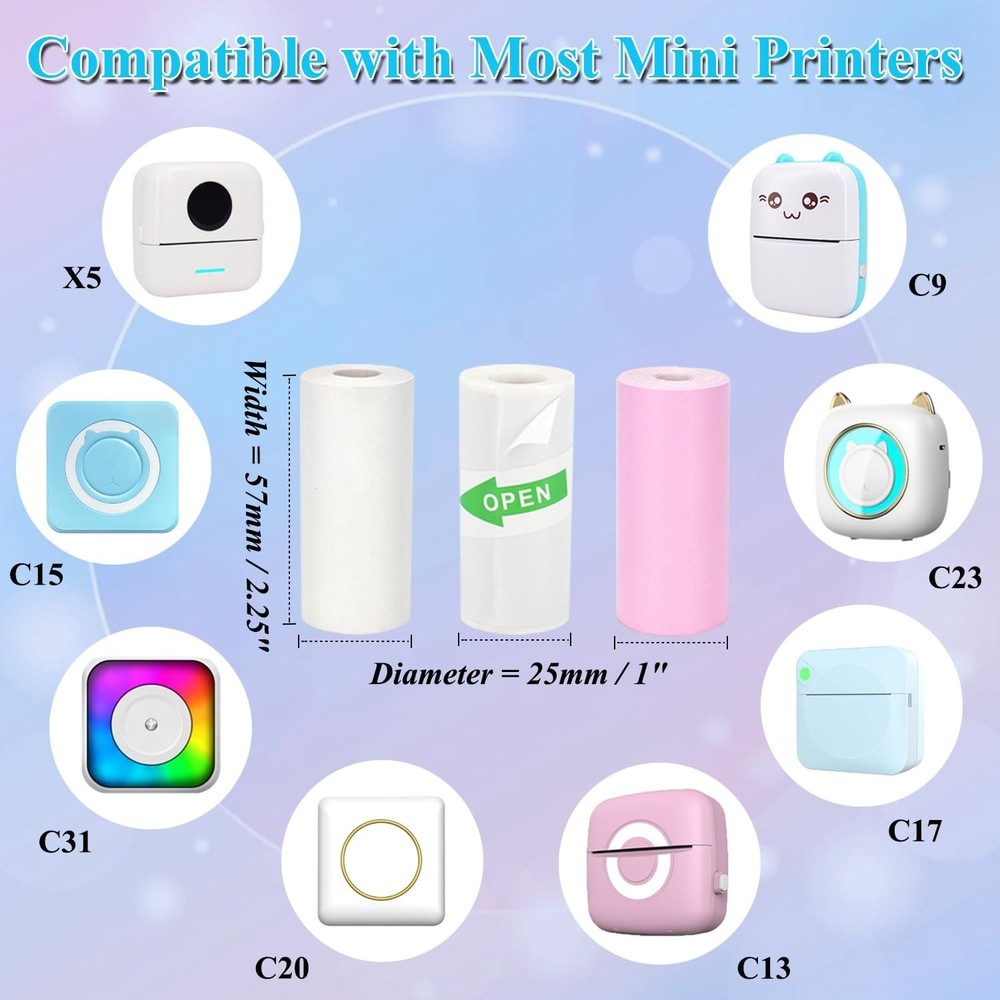 16 Rolls Mini Printer Paper, Including 5 White Sticker, 6 Colored Plain, and ...