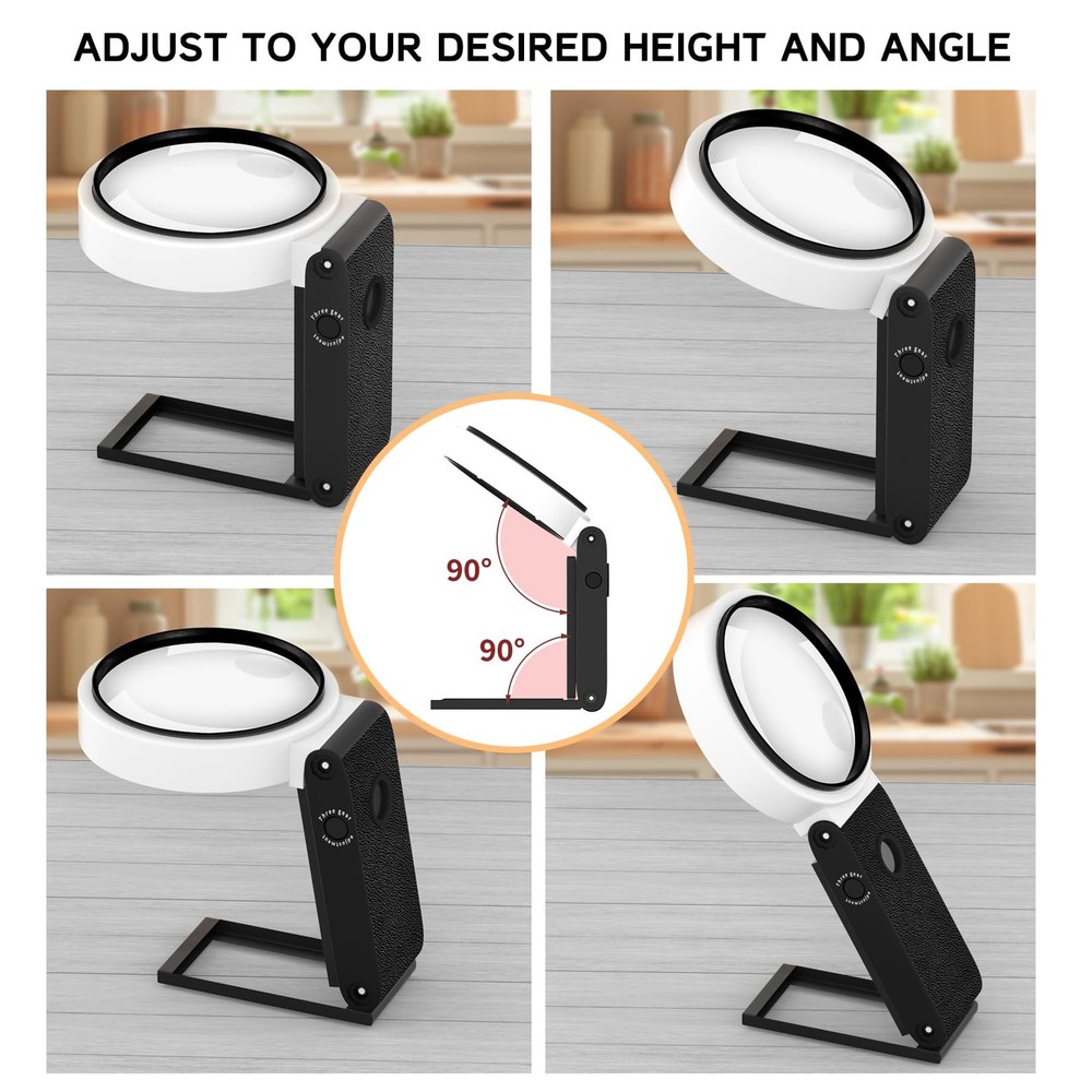 50X Magnifying Glass with Light and Stand, Foldable Handheld Black White