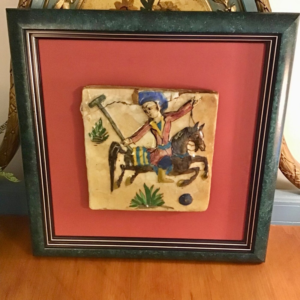 Framed Persian Qajar Handmade Ceramic Tile Polo Age Unknown