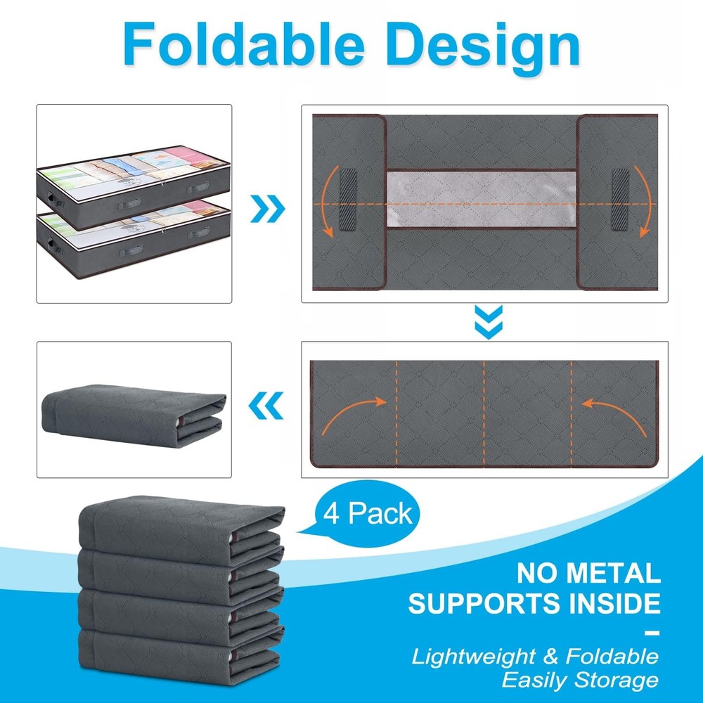 60L Under Bed Storage Containers, Storage Bins with Clear Lids, Foldable Clos...