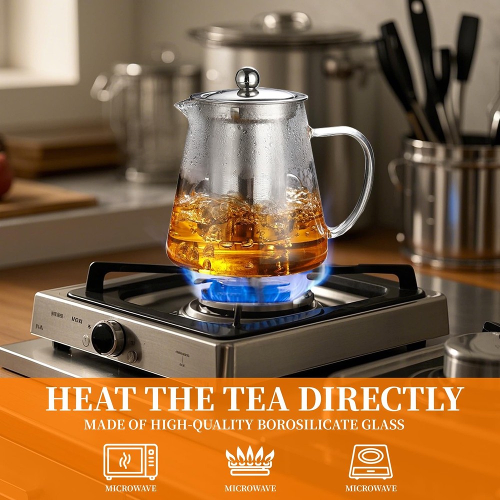 Glass Teapot with Stainless Steel Infuser, Borosilicate Tea Kettle, Clear Tea...