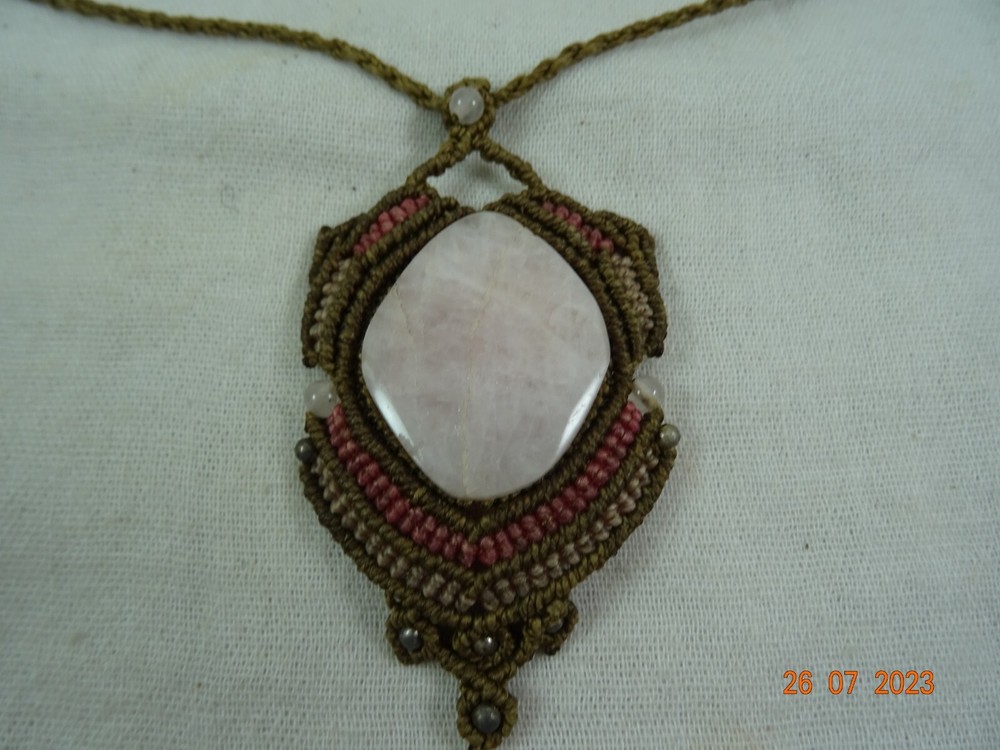 Artisan Oval Pink Topaz Stone Macrame Setting Statement Necklace 27' adjustable