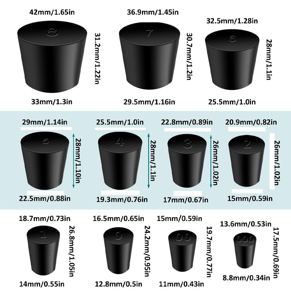 24Pcs Solid Rubber Stoppers 000# - 8# Tapered Lab Bungs 24pcs, Black