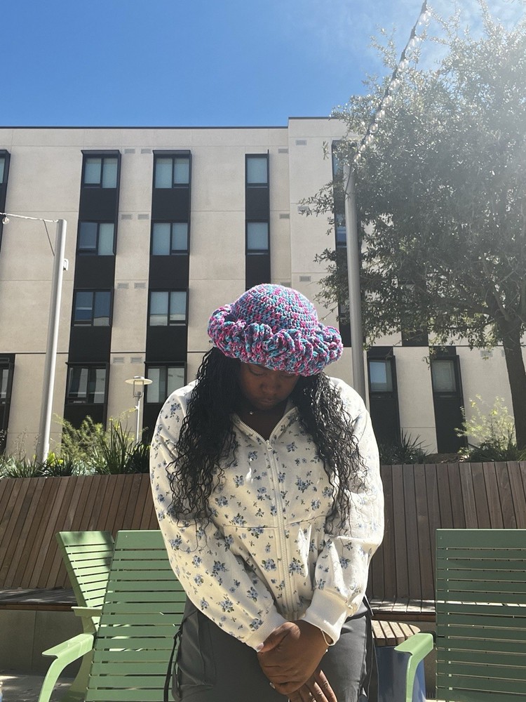 Handmade Chunky Knit Pink and Blue Ruffle Hat